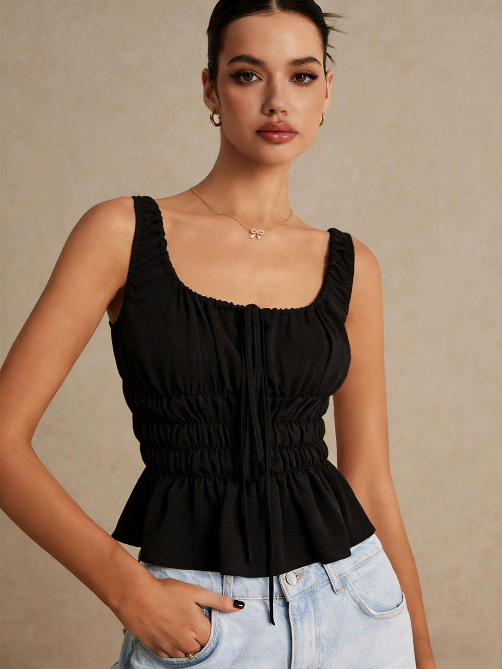 ZARA Sweet Square Neck Drawstring Ruched Camisole Ruffle Hem Backless Women